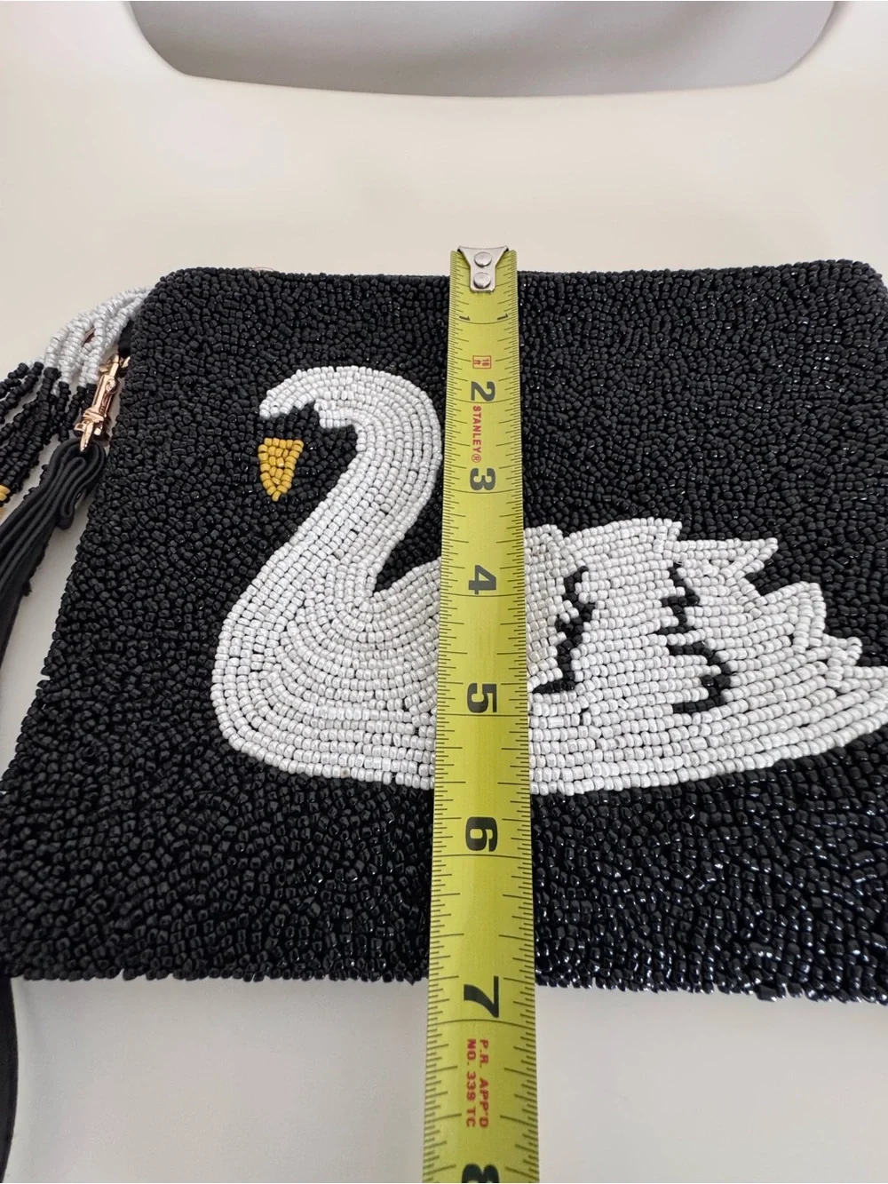 Sincerely Jules Swan Beaded Wristlet Clutch Black White Statement Evening Bag